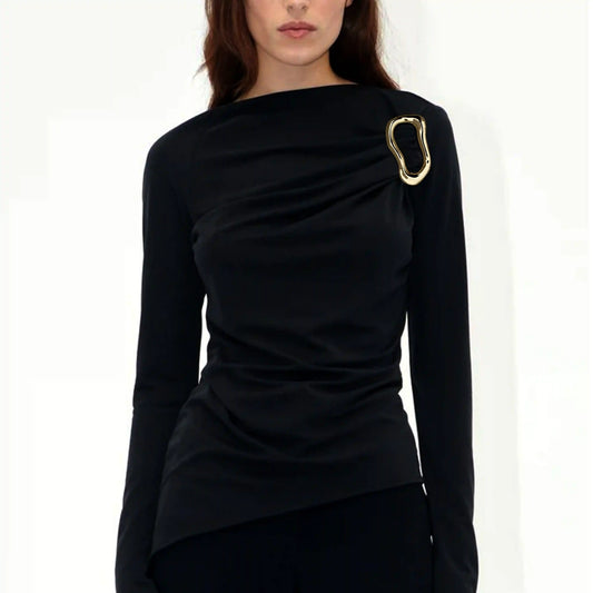 Gold abstract metal buckle worn on bodycon dress party wear styling – Gleemify