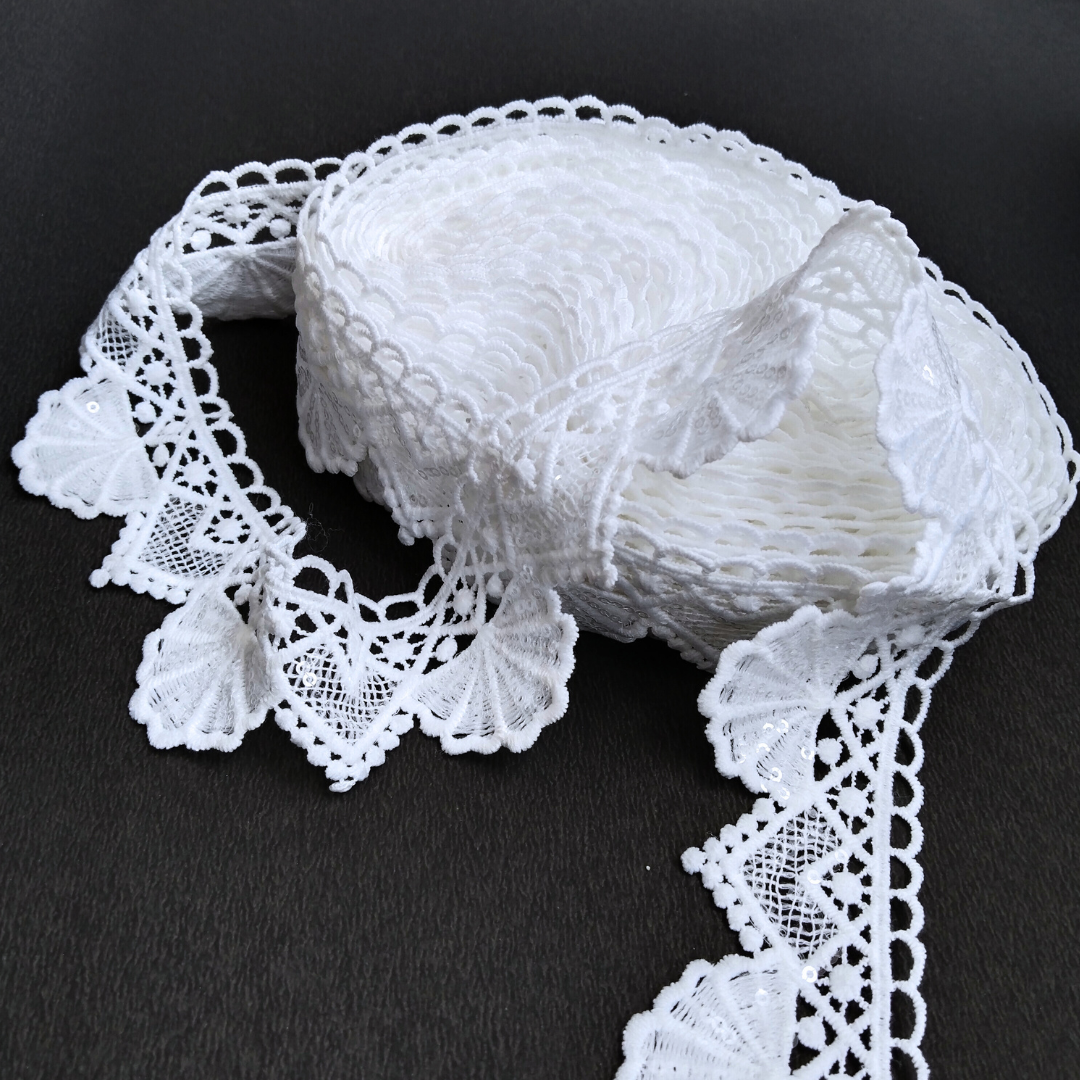 Gleemify white sequin embroidered floral lace trim packaging and product overview India
