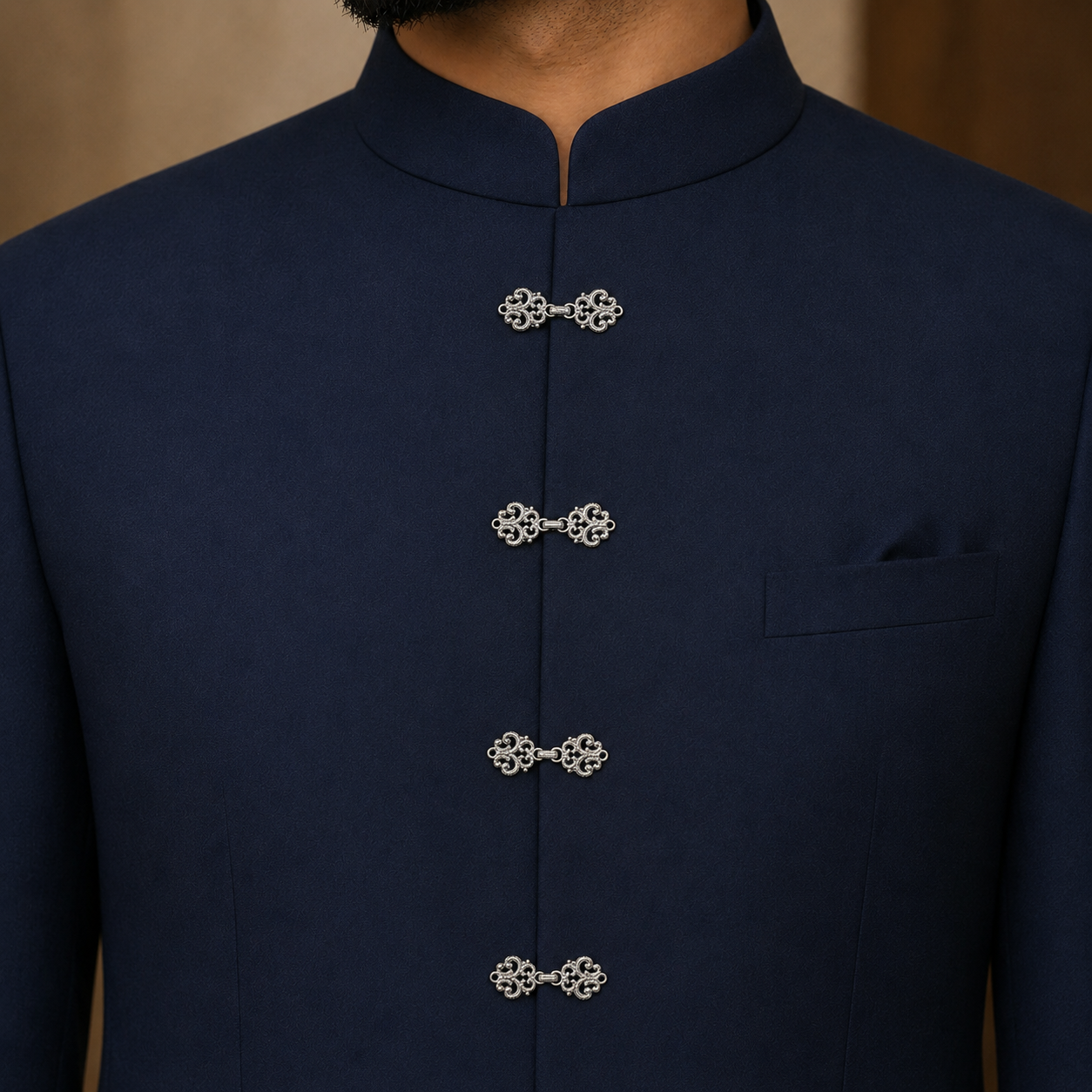 Silver frog buttons detail view for jodhpuri ethnic wear – Gleemify