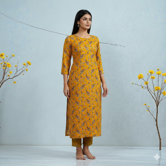Mustard yellow floral cotton close-up – pure cotton, 40 inch wide, for kurti dress summer India – Gleemify