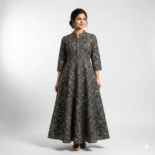 Midnight floral cotton close-up – pure cotton, 44 inch wide, dark base for kurti dress India – Gleemify