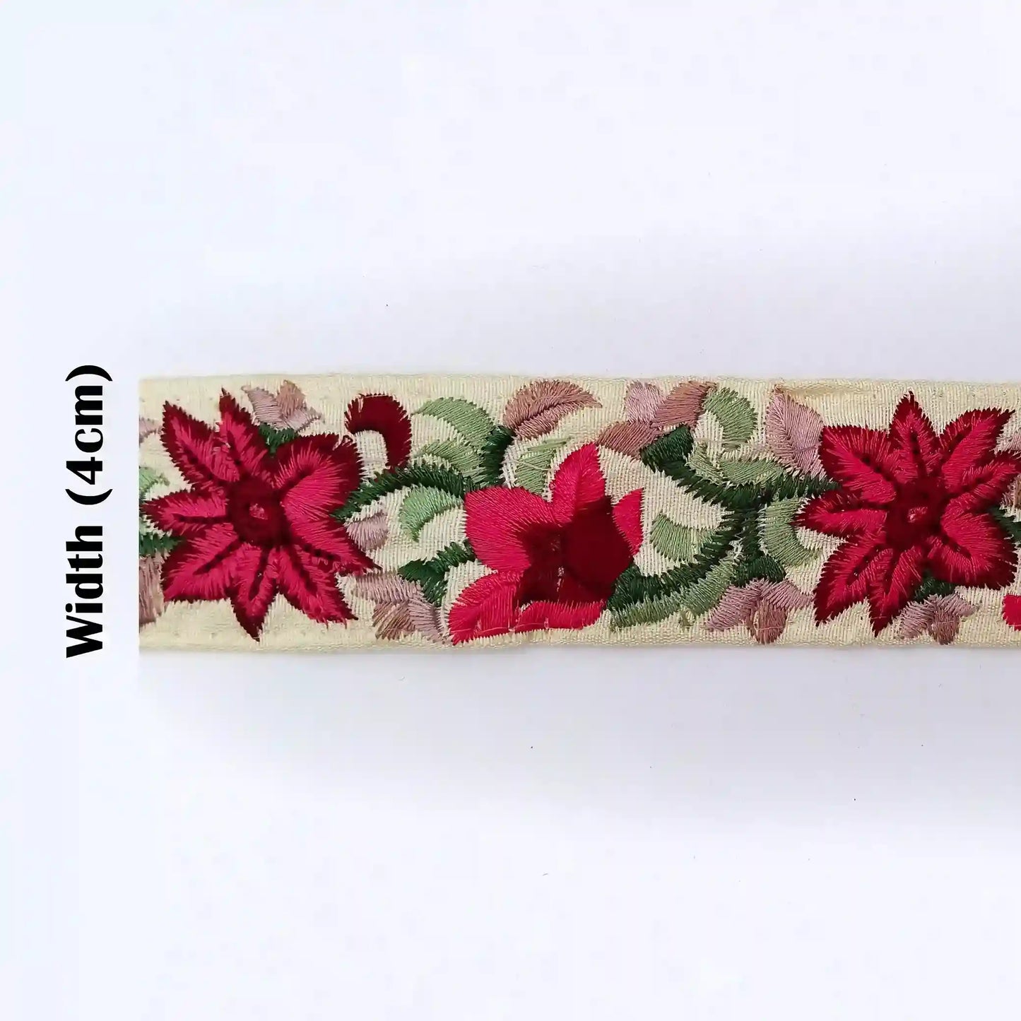 Cream Base Red Floral Embroidered Lace Trim for Sarees, Kurtis, Dupattas, Bags & DIY Projects | 2 Meters