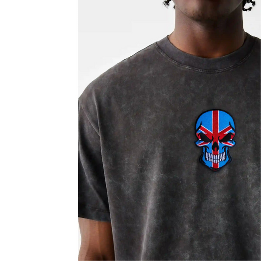 Gleemify UK flag skull embroidered patch close-up hotfix for denim jacket India