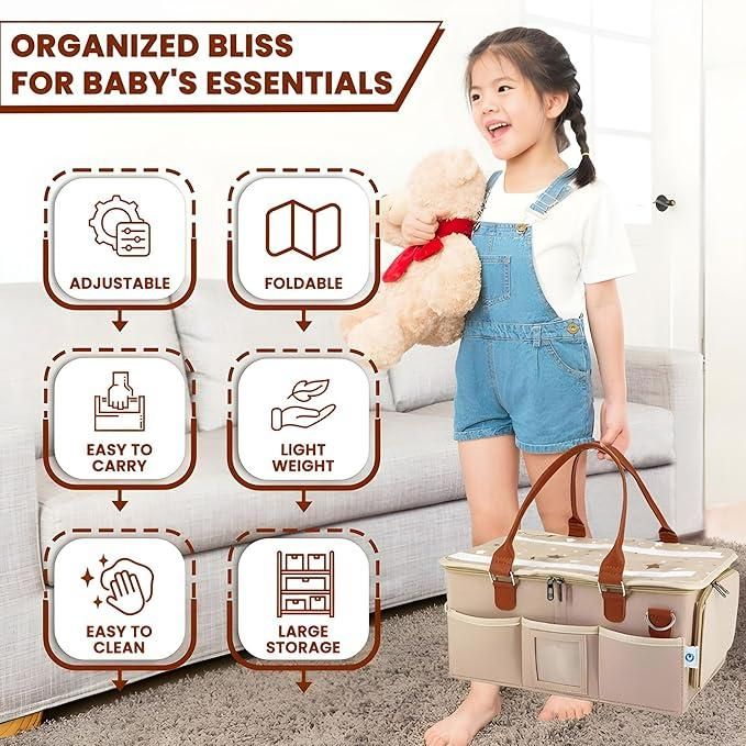 Girl carrying a foldable Nursery Storage Organizer-Foldable and Portable for Travelling with adjustable straps