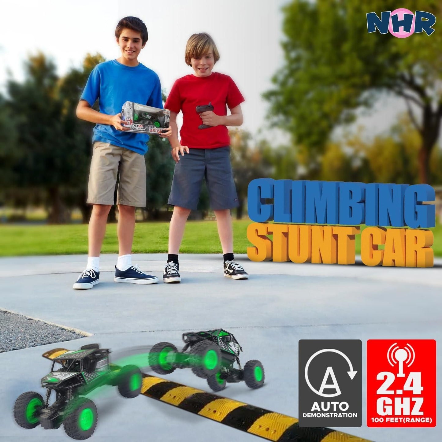 Two kids playing with a remote control monster truck demonstrating climbing and stunts outdoors