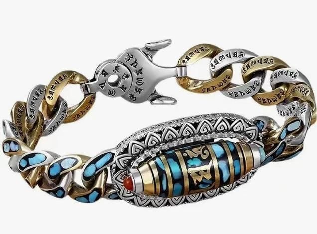 Unique Six-Character Mantra Nine-Eyed Dzi Bead Bracelet featuring intricate designs and colorful stones