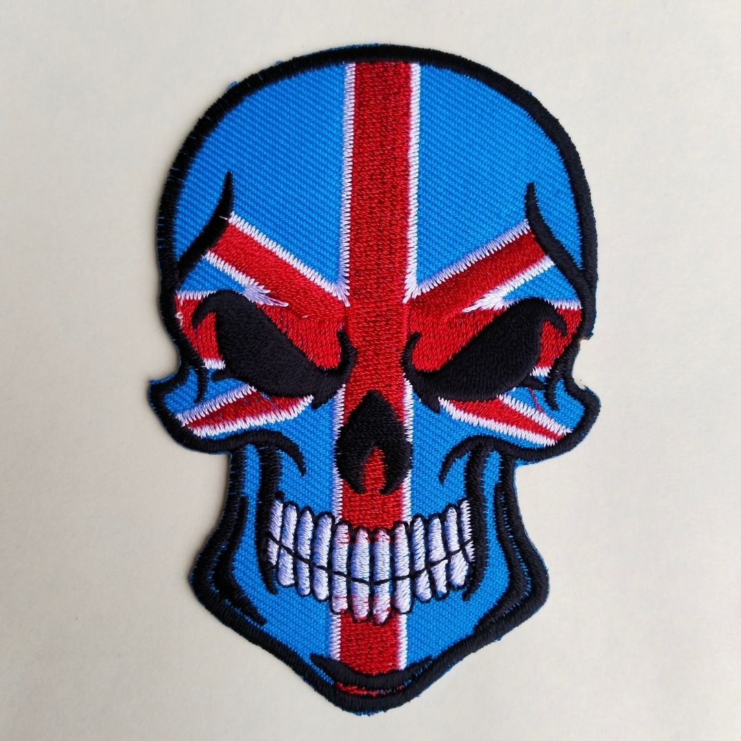 Union Jack skull embroidered iron-on patch, 9.3cm x 5.8cm, British flag graphic for jackets and denim wear – Gleemify