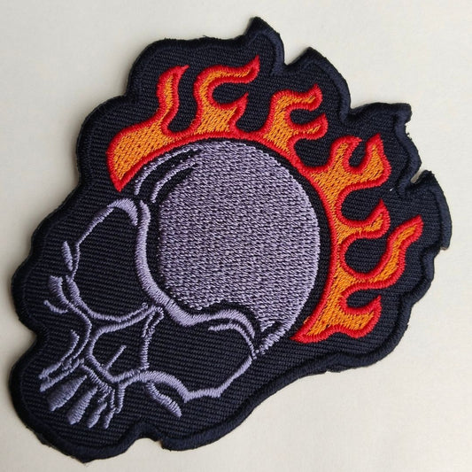 Gleemify fire skull embroidered patch close-up flaming design for biker jacket India