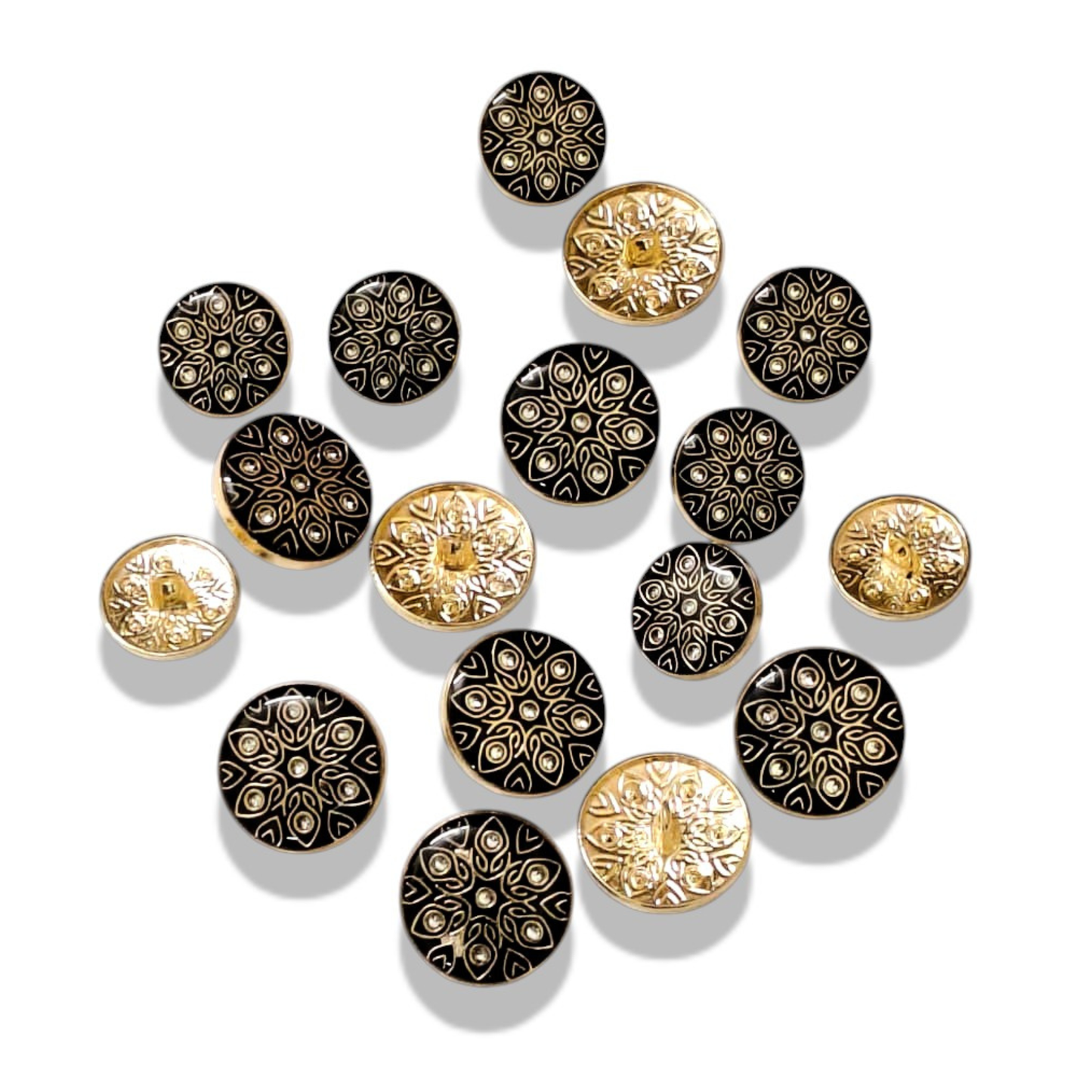 Gold black enamel buttons flat lay both 18mm and 23mm sizes – Gleemify