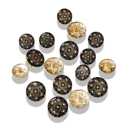 Gold black enamel buttons flat lay both 18mm and 23mm sizes – Gleemify