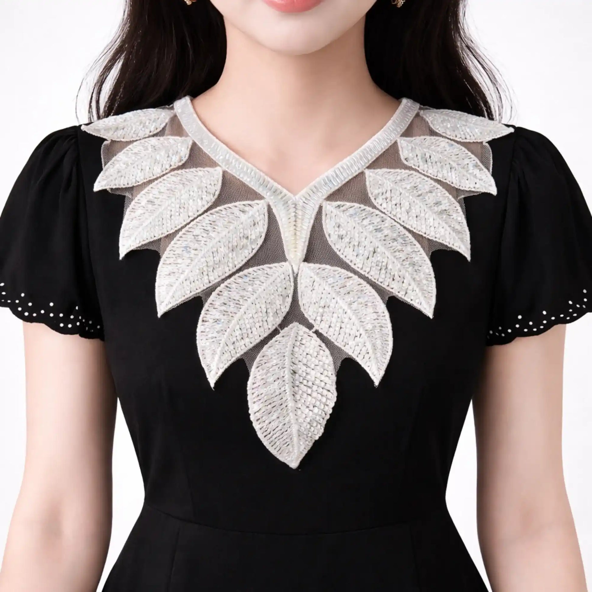 Leaf design sequins and beads neckline applique patch, 13.5 x 12 inch, embellished neck trim for dresses and kurtis – Gleemify