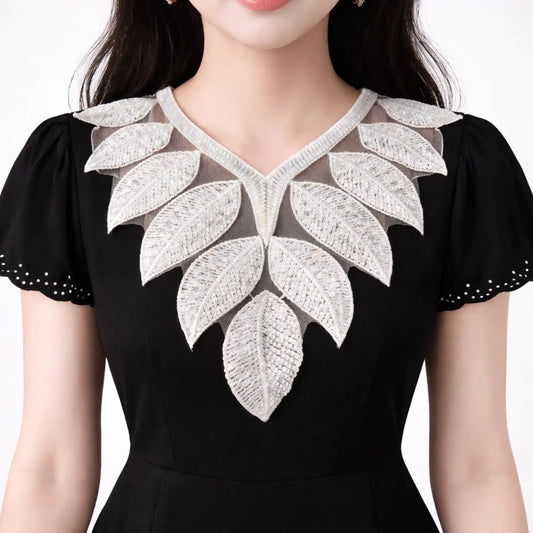 Leaf design sequins and beads neckline applique patch, 13.5 x 12 inch, embellished neck trim for dresses and kurtis – Gleemify