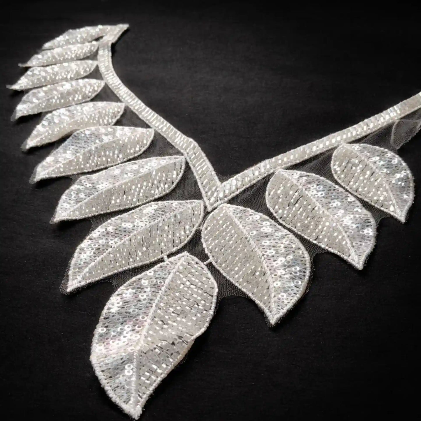 Leaf neckline applique close-up – sequins beads, 13.5x12 inch, for dress kurti blouse India – Gleemify