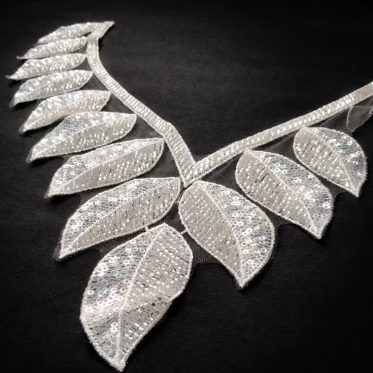 Leaf neckline applique close-up – sequins beads, 13.5x12 inch, for dress kurti blouse India – Gleemify