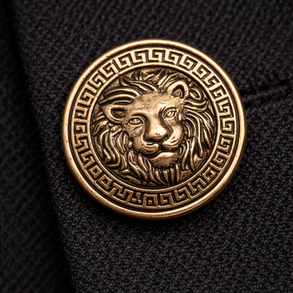 Gold lion head button close-up premium detail formal suit – Gleemify
