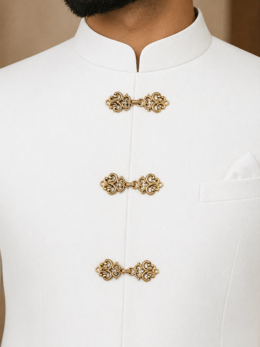 Gold frog closure bandhgala button close-up – metal, set of 4, for sherwani jodhpuri suit – Gleemify
