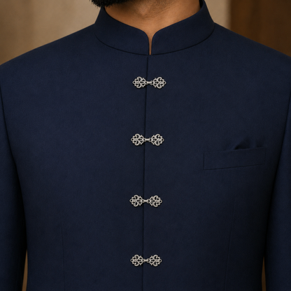Silver frog buttons detail view for jodhpuri ethnic wear – Gleemify