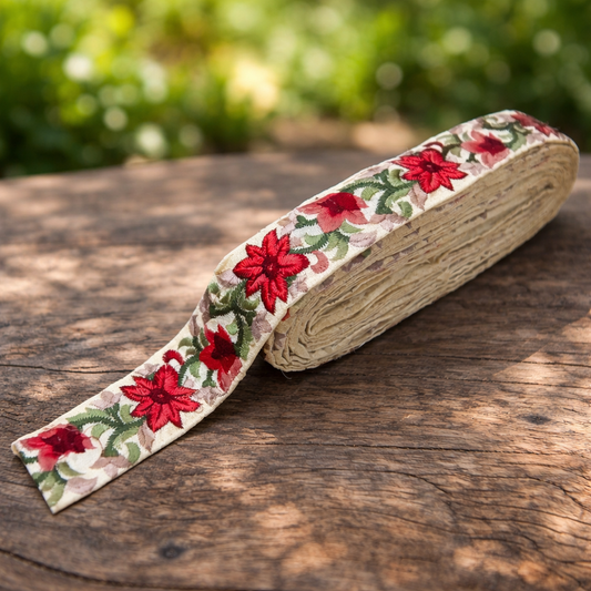 Cream Base Red Floral Embroidered Lace Trim for Sarees, Kurtis, Dupattas, Bags & DIY Projects | 2 Meters