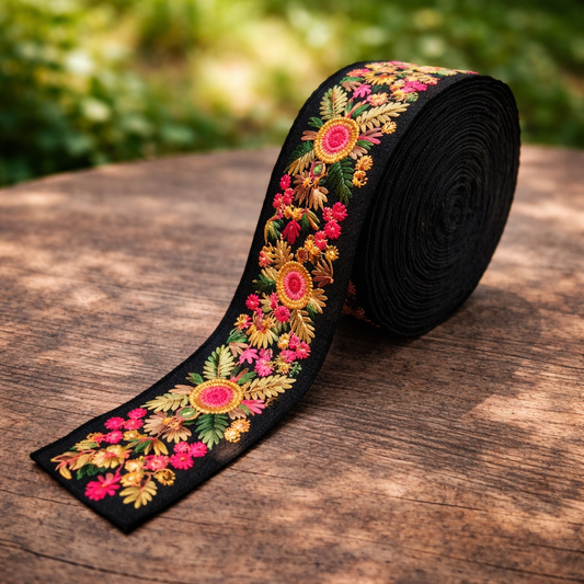 Black Zari Floral Embroidered Lace Trim for Sarees, Gowns, Dupattas, Dresses & DIY Decoration | 2 Meters