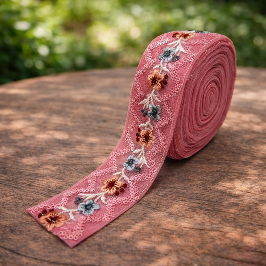 Pink Net Floral Embroidered Sequins Lace for Saree, Dupatta, Blouse, Dress & DIY Fashion | 2 Meters