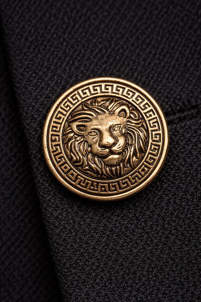 Gold lion head Greek key buttons close-up embossed design – Gleemify