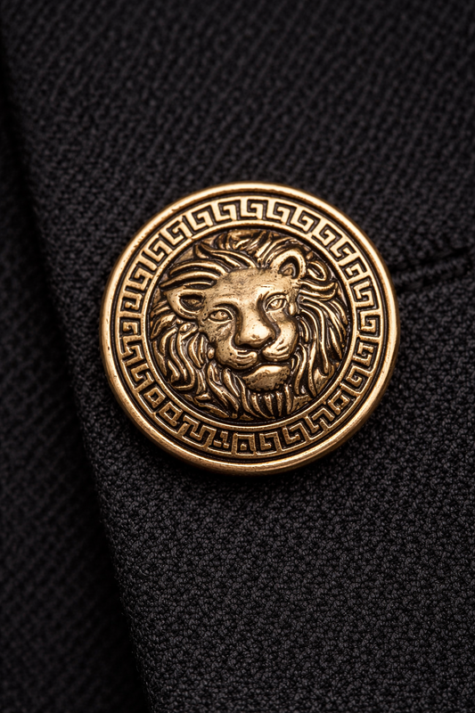 Gold lion head Greek key buttons close-up embossed design – Gleemify