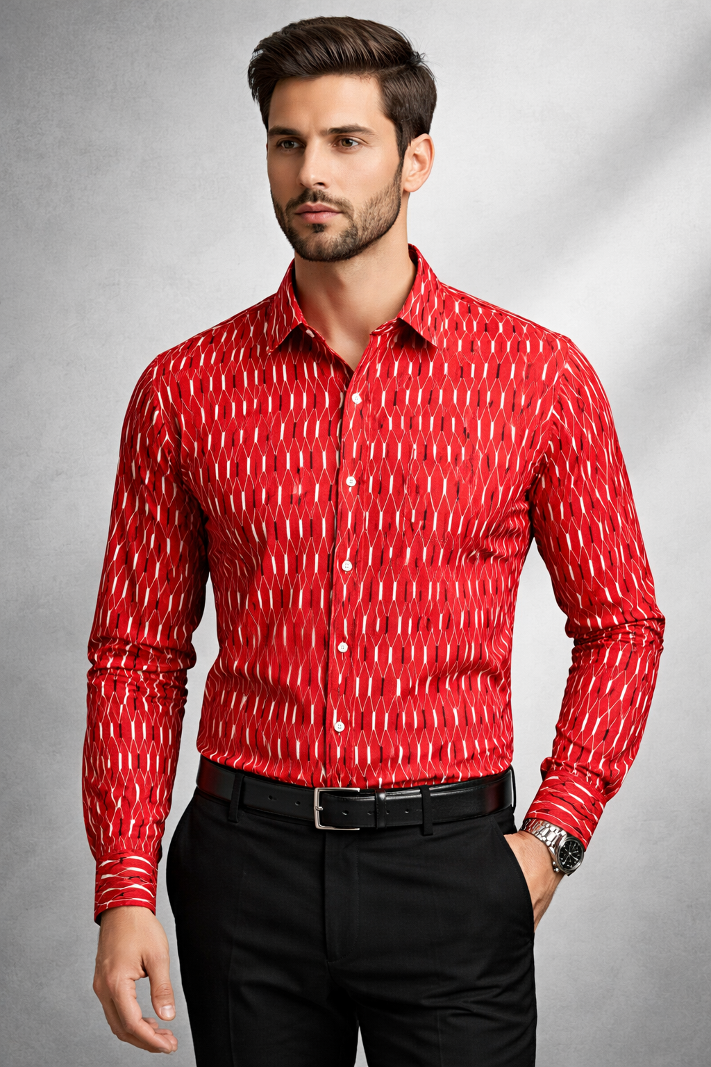 Red geometric cotton fabric close-up – pure cotton, 58 inch wide, for dress shirt kurti India – Gleemify