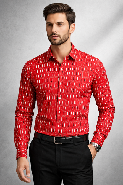 Red geometric cotton fabric close-up – pure cotton, 58 inch wide, for dress shirt kurti India – Gleemify