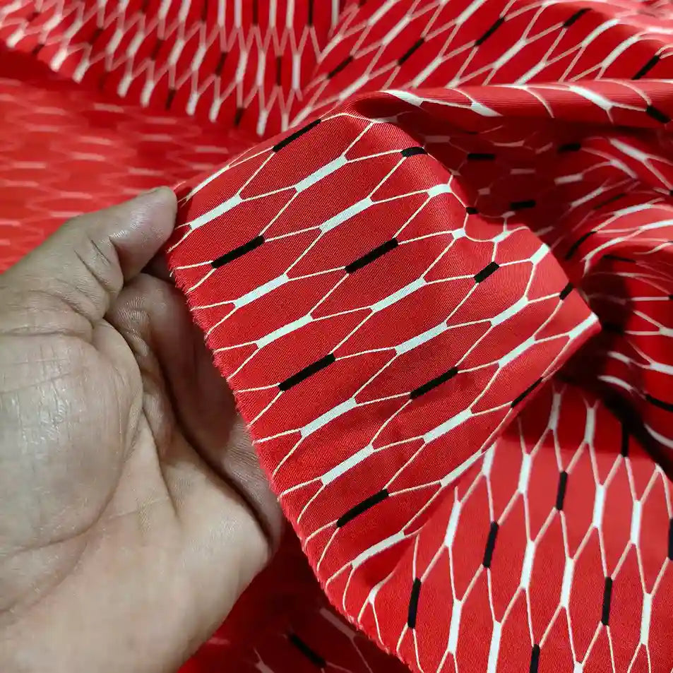 Red geometric cotton fabric flat lay – pure cotton, 58 inch wide, for kurtis dresses India – Gleemify