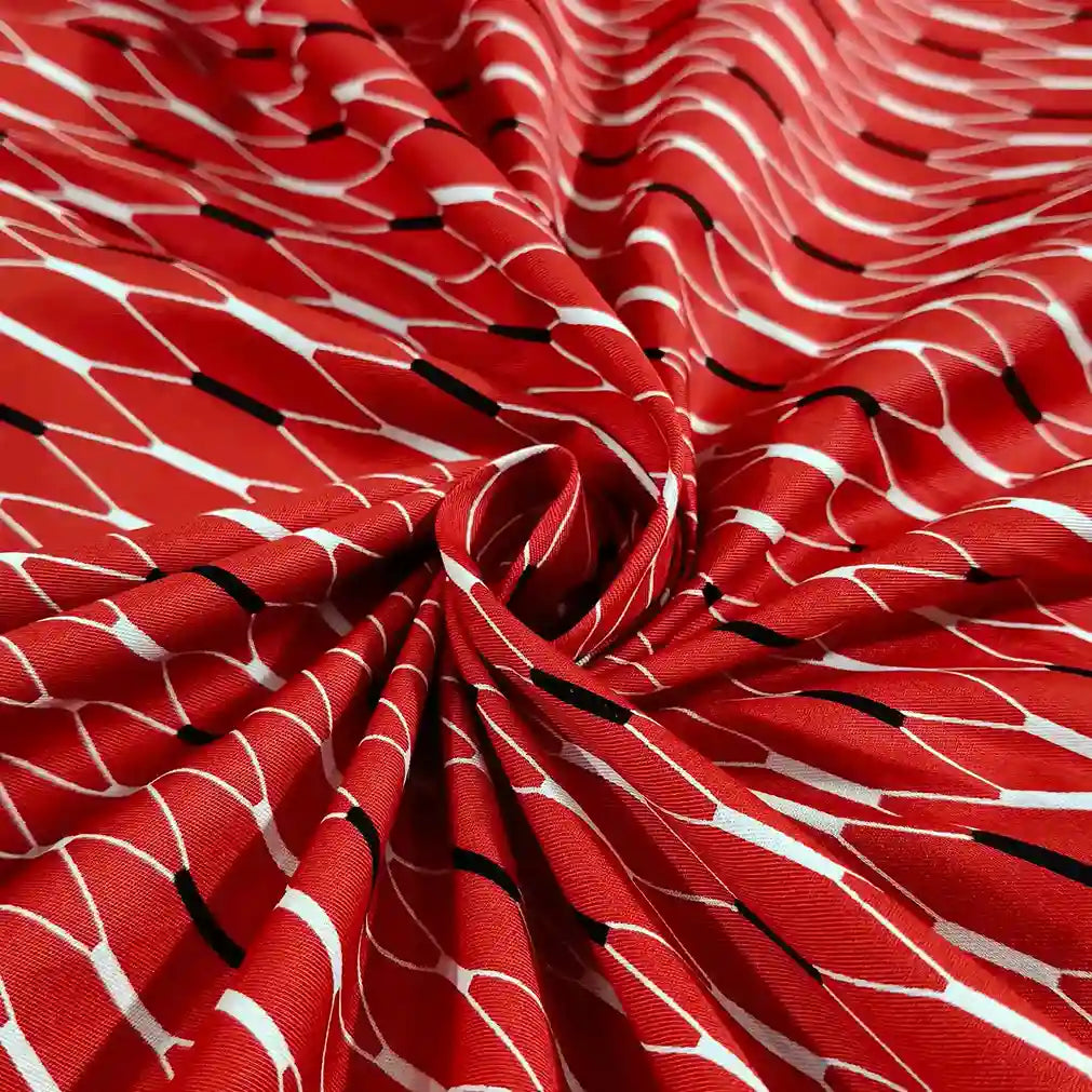 Red geometric printed premium cotton fabric, 58-inch wide, for dresses, shirts, kurtis and DIY sewing – Gleemify