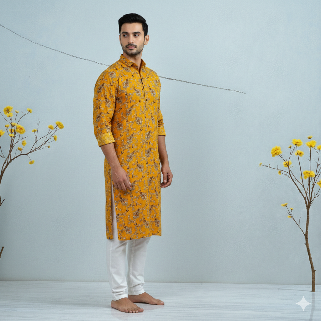 Mustard floral cotton flat lay – pure cotton, 40 inch wide, breathable for kurti dress India – Gleemify