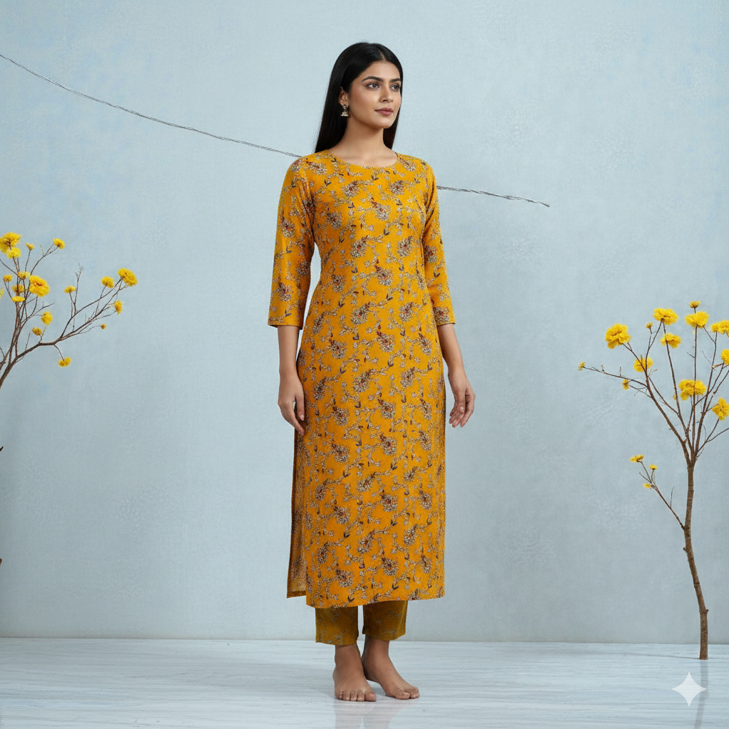 Mustard yellow floral cotton close-up – pure cotton, 40 inch wide, for kurti dress summer India – Gleemify
