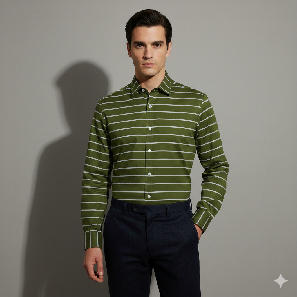Olive green striped cotton fabric close-up – pure cotton, 58 inch wide, for shirt kurta India – Gleemify