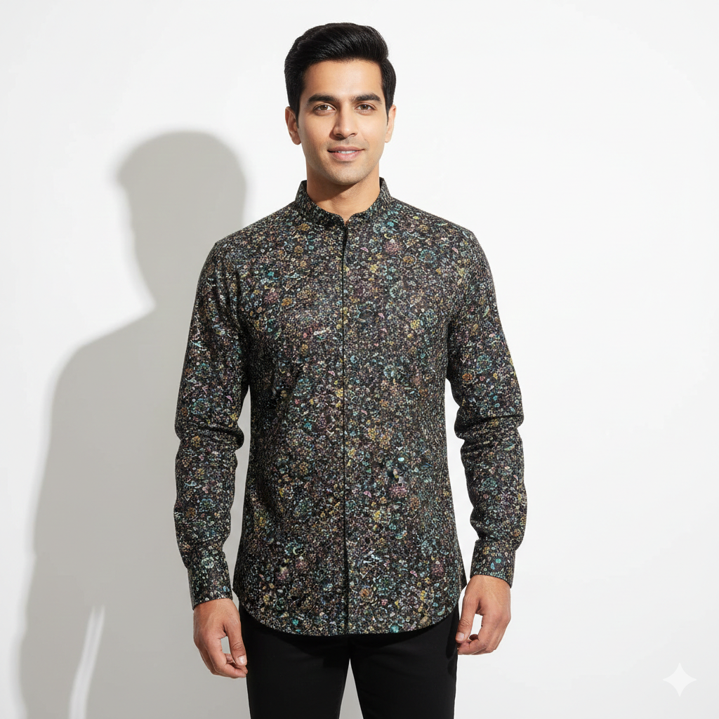 Midnight floral cotton flat lay – pure cotton, 44 inch wide, dark print for boutique kurti – Gleemify