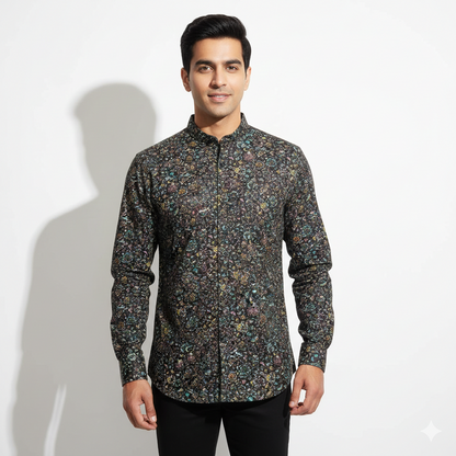 Midnight floral cotton flat lay – pure cotton, 44 inch wide, dark print for boutique kurti – Gleemify