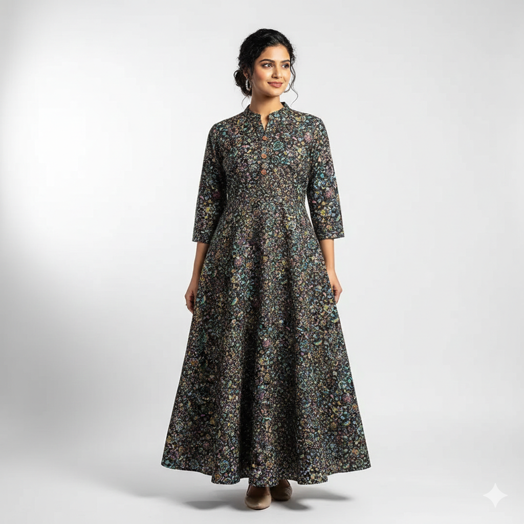 Midnight floral cotton close-up – pure cotton, 44 inch wide, dark base for kurti dress India – Gleemify