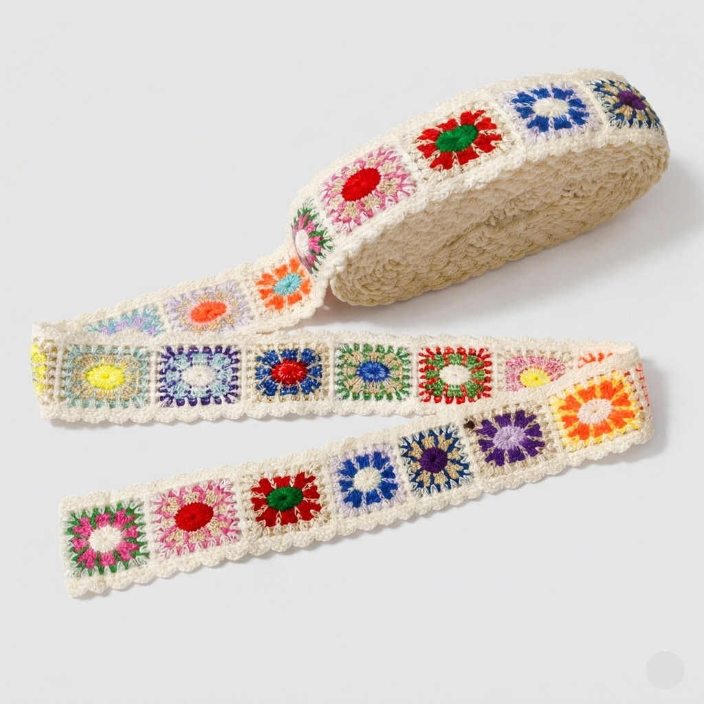 Handmade crochet multicolor lace trim, 2.1-inch wide, 2 metres for sarees, curtains and ethnic DIY decor – Gleemify