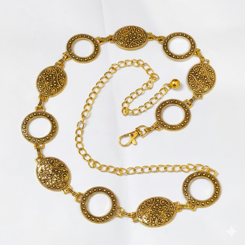 Gold plated traditional kamarbandh waist chain belt, 47-inch metal finish for ethnic and bridal wear – Gleemify