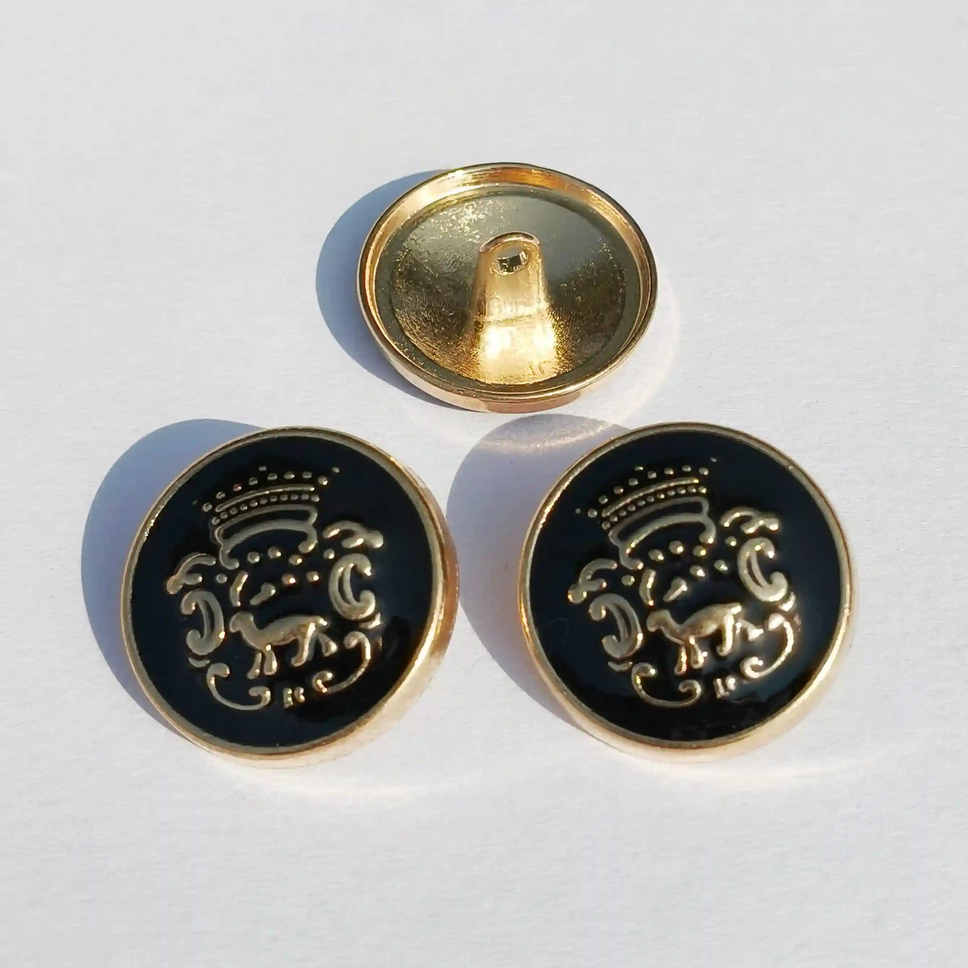 Black gold horse emblem buttons flat lay – metal, set of 8, for bandhgala blazer coat – Gleemify