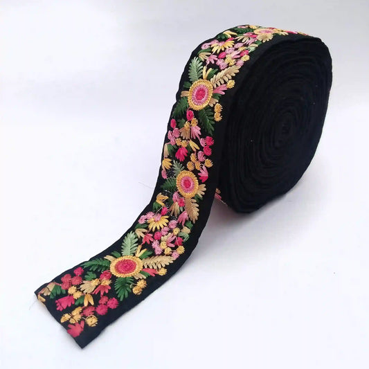 Black Zari Floral Embroidered Lace Trim for Sarees, Gowns, Dupattas, Dresses & DIY Decoration | 2 Meters