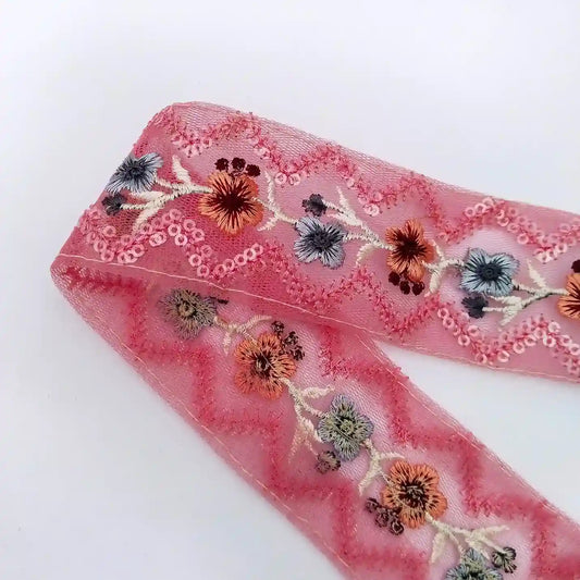 Pink Net Floral Embroidered Sequins Lace for Saree, Dupatta, Blouse, Dress & DIY Fashion | 2 Meters