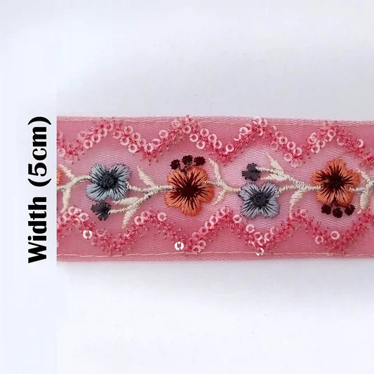 Pink Net Floral Embroidered Sequins Lace for Saree, Dupatta, Blouse, Dress & DIY Fashion | 2 Meters