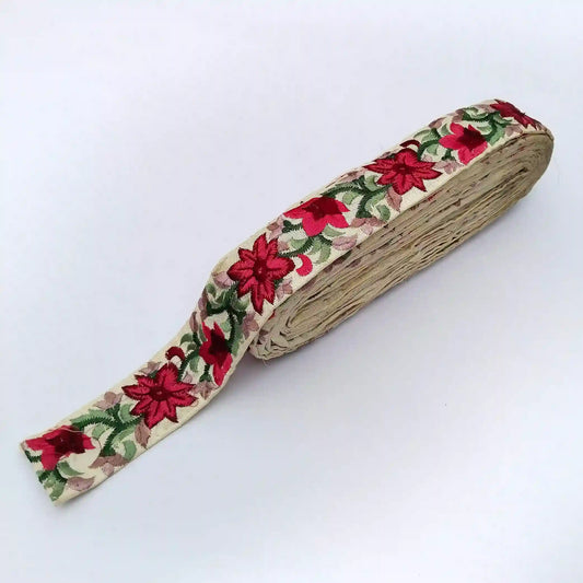 Cream Base Red Floral Embroidered Lace Trim for Sarees, Kurtis, Dupattas, Bags & DIY Projects | 2 Meters