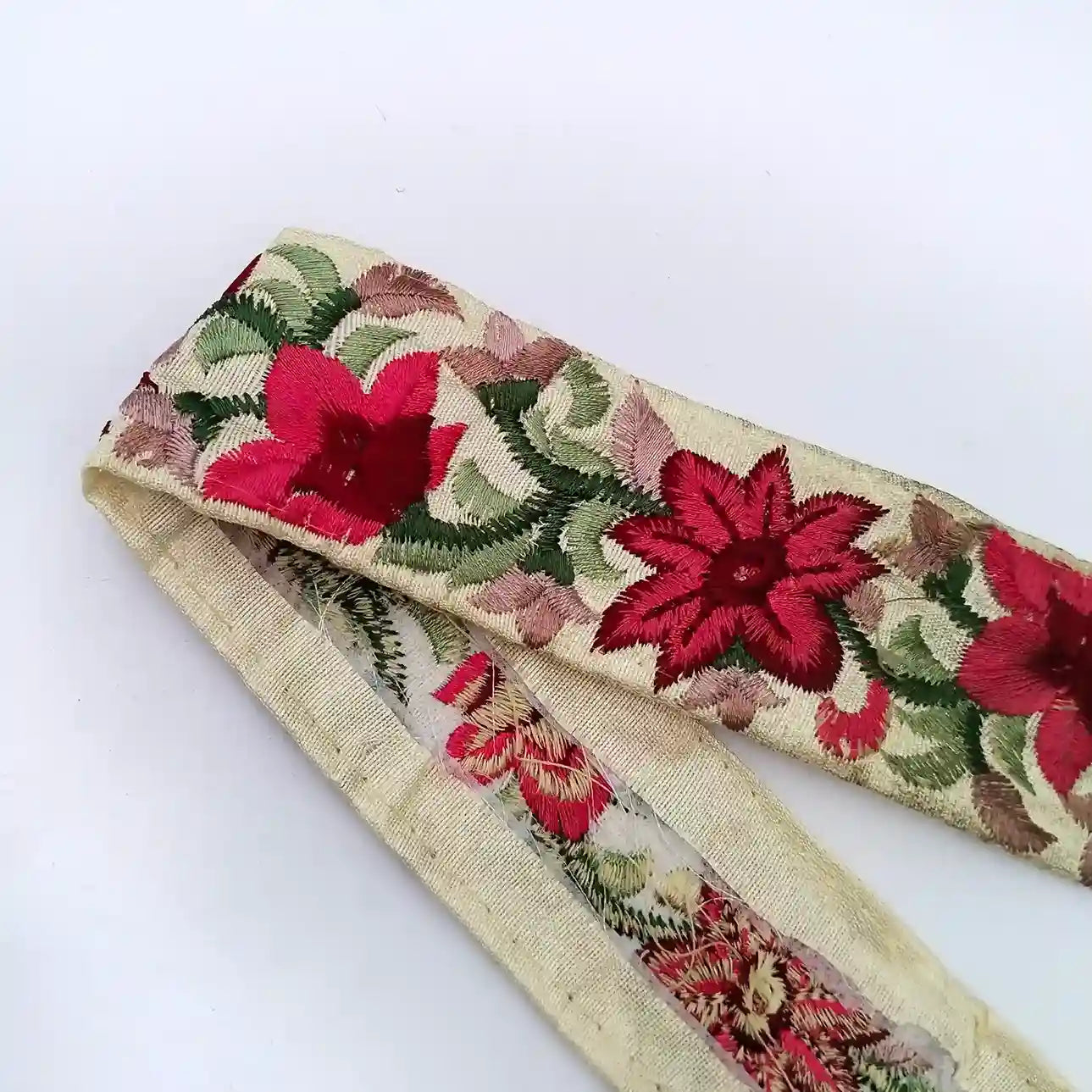 Cream Base Red Floral Embroidered Lace Trim for Sarees, Kurtis, Dupattas, Bags & DIY Projects | 2 Meters