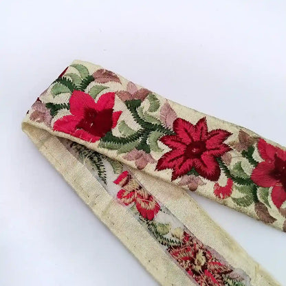 Cream Base Red Floral Embroidered Lace Trim for Sarees, Kurtis, Dupattas, Bags & DIY Projects | 2 Meters