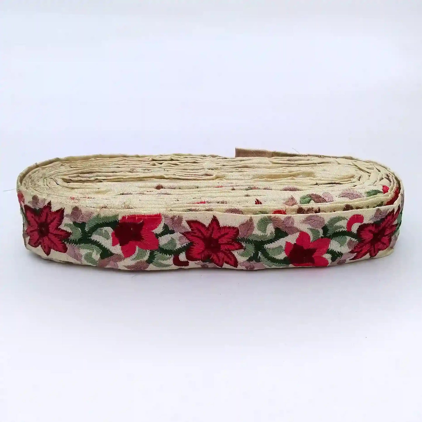 Cream Base Red Floral Embroidered Lace Trim for Sarees, Kurtis, Dupattas, Bags & DIY Projects | 2 Meters