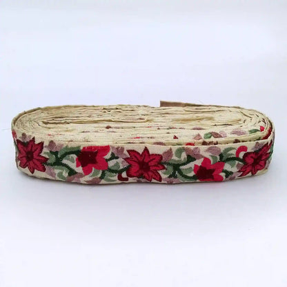 Cream Base Red Floral Embroidered Lace Trim for Sarees, Kurtis, Dupattas, Bags & DIY Projects | 2 Meters