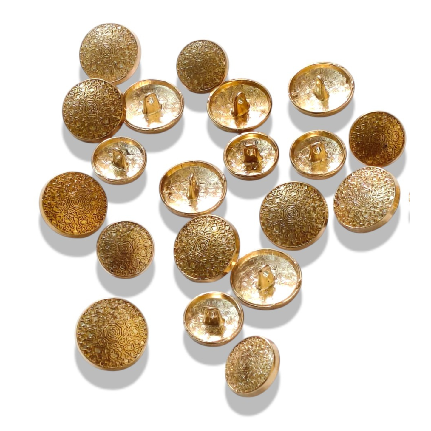 Floral scroll gold buttons flat lay both 18mm and 23mm sizes – Gleemify