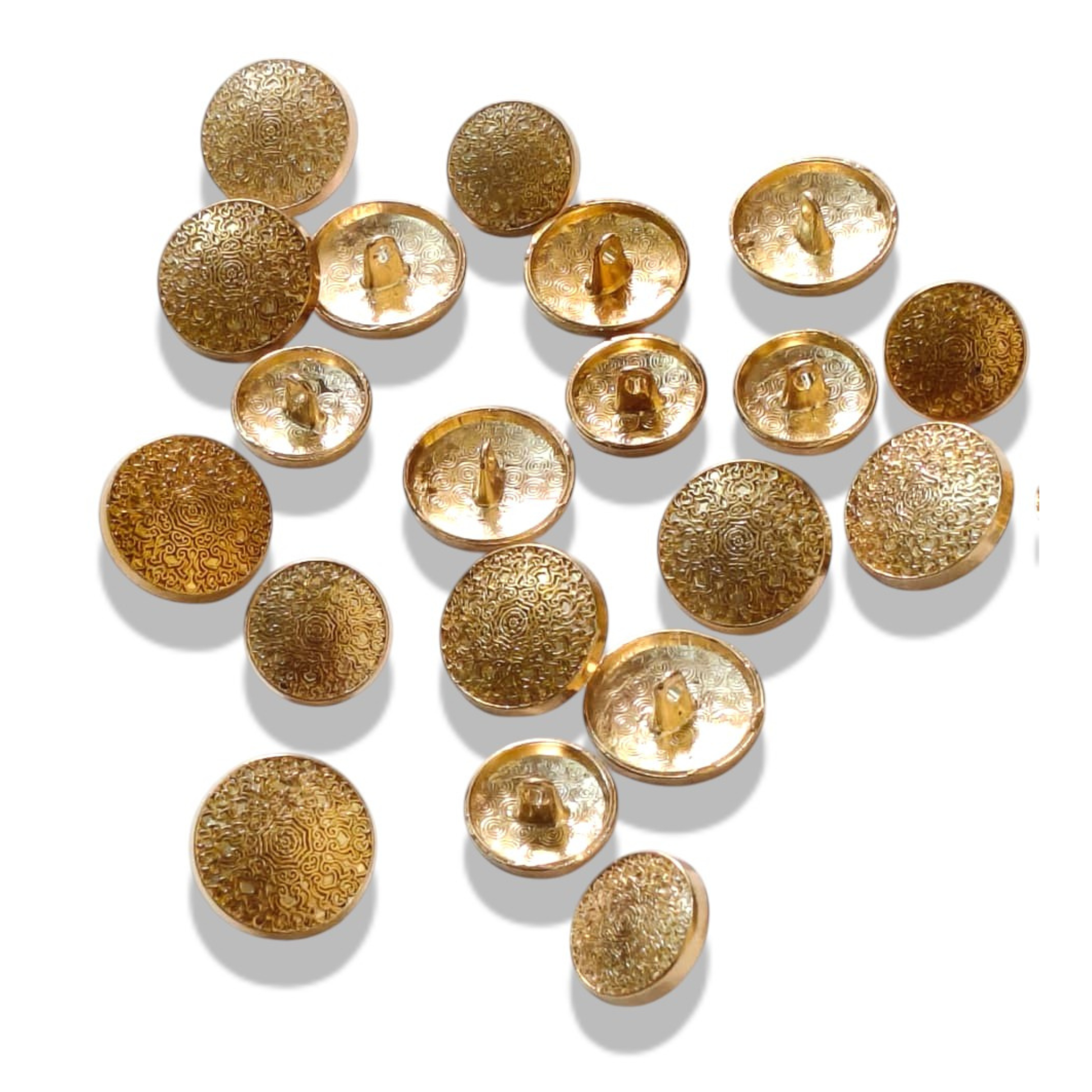 Floral scroll gold buttons flat lay both 18mm and 23mm sizes – Gleemify