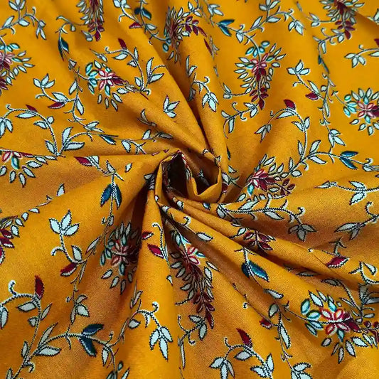 Mustard yellow floral printed cotton fabric, 40-inch wide, breathable summer textile for kurtis and dresses – Gleemify